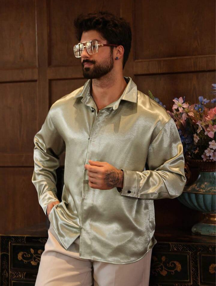 Men's Solid Green Casual Party Shirt, Spring/Summer Long Sleeve